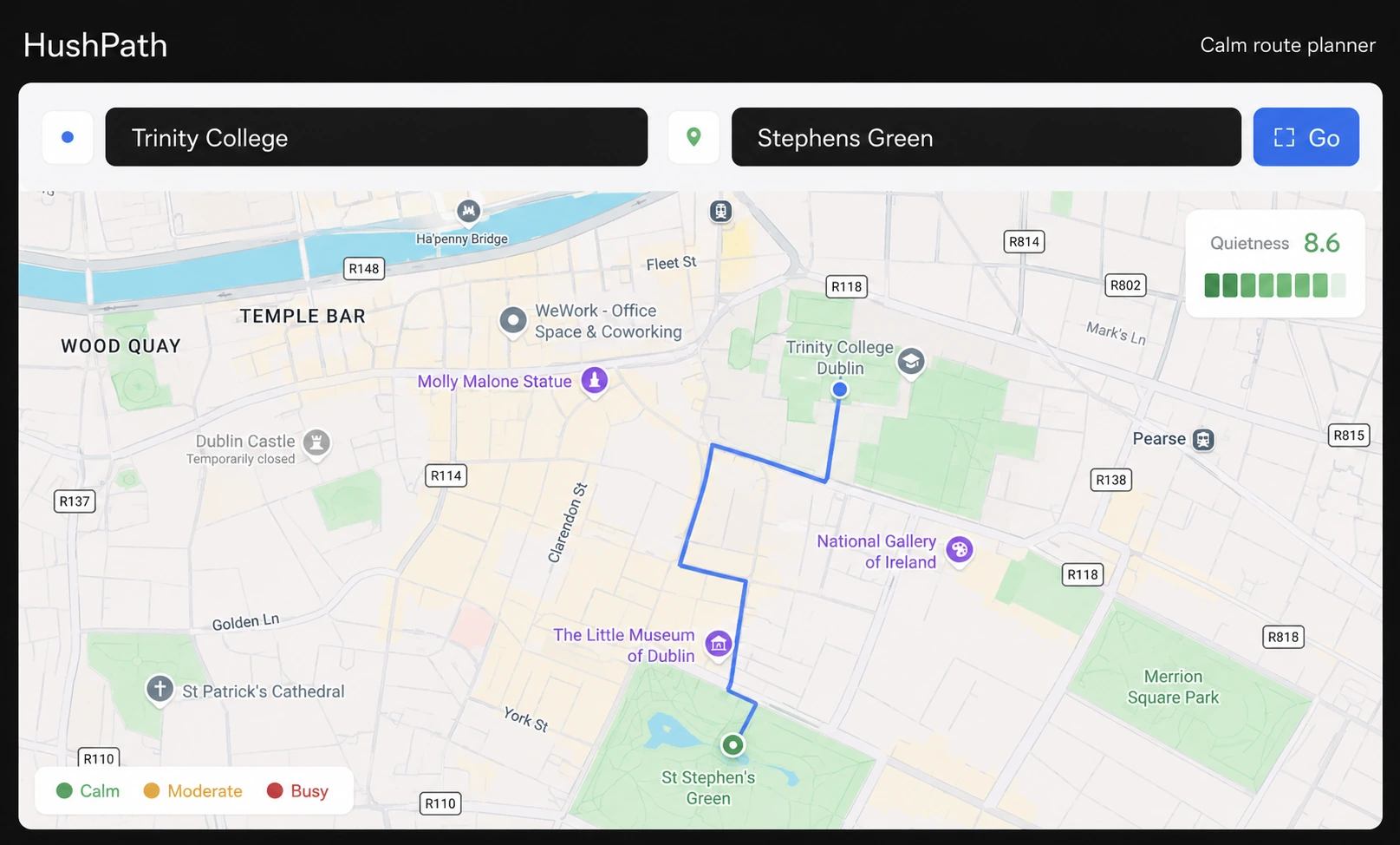 HushPath, a route planner scoring a calm path across Dublin by POI density